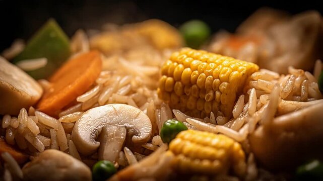 Delicious Close-up of Savory Fried Rice with Fresh Vegetables and Golden Corn Kernels.