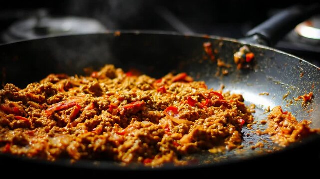 Close up of savory ground meat and red peppers sizzling in a hot pan.