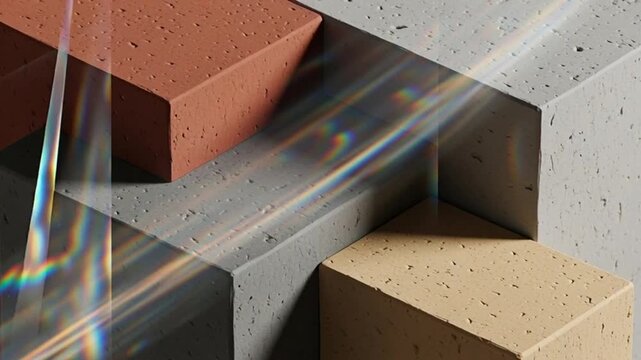 Abstract geometric background with colorful light refraction on textured blocks, modern design concept.
