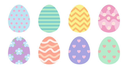 Large decorated Easter eggs with intricate pastel patterns like waves, hearts, and scales.