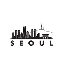 Naklejka premium Seoul Skyline Silhouette with N Seoul Tower Landmark Black Vector Icon