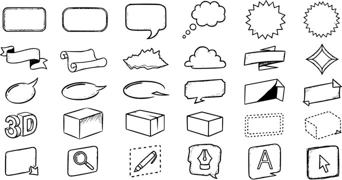 Black and White Hand-Drawn Doodle Design Elements Vector Set with Sketchy Speech Bubbles, Banners, Frames, and Icons for Creative Communication