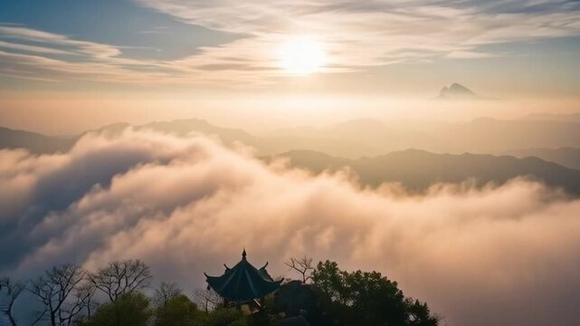 Ancient Chinese Pagoda Temple Above Clouds at Sunrise, Majestic Mountain Landscape.