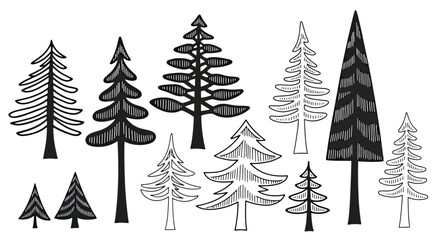 Obraz premium Collection of Hand Drawn Stylized Pine Trees and Evergreen Forest Elements.