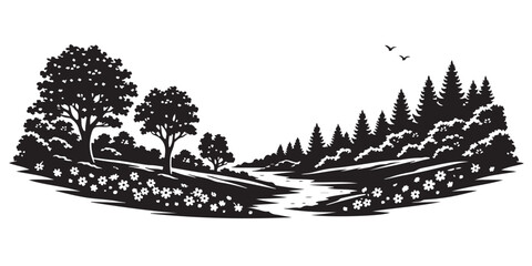 Spring Valley Silhouette, Silhouette Vector, Isolated on White Background