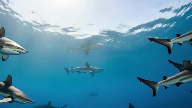 Group Of Sharks Swimming Underwater In Blue Ocean With Sunlight Filtering Through The Waters Surface Reflecting Off The Ocean Floor For Marine Education