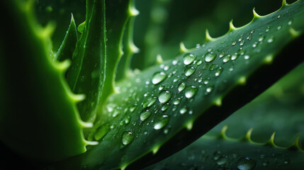 Close up of a green aloe vera plant with fresh water drops for skincare and natural wellness concepts