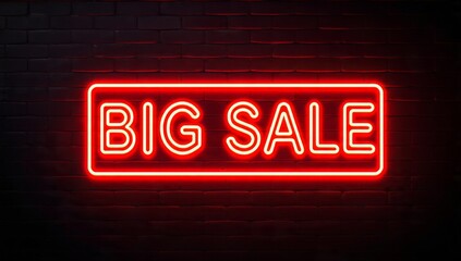 Obraz premium Red Neon Big Sale Sign on Dark Brick Wall Background