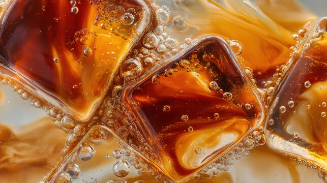 Close up of a refreshing iced coffee latte with milk and ice cubes for cafe and lifestyle concepts