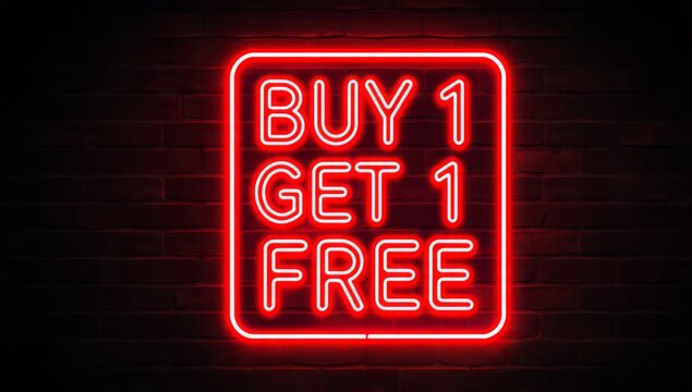 Red Neon Sign Buy 1 Get 1 Free on Dark Brick Wall