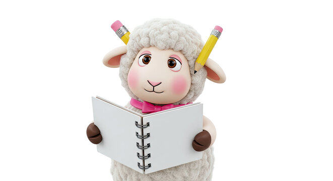 Cute cartoon sheep holding a book and pencils