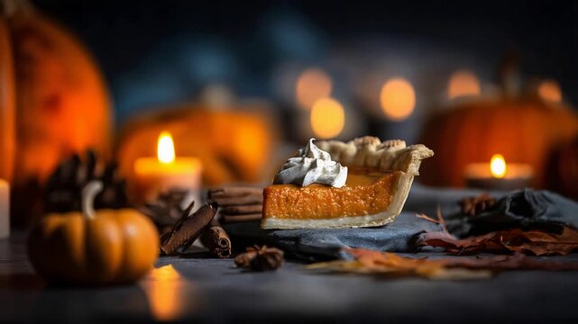 Warm and Cozy Autumn Table Setting with Delicious Pumpkin Pie and Glowing Candles.