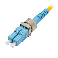 Specialized Fiber Optic LC Duplex Cable Connector Isolated on White for High-Speed Telecommunications