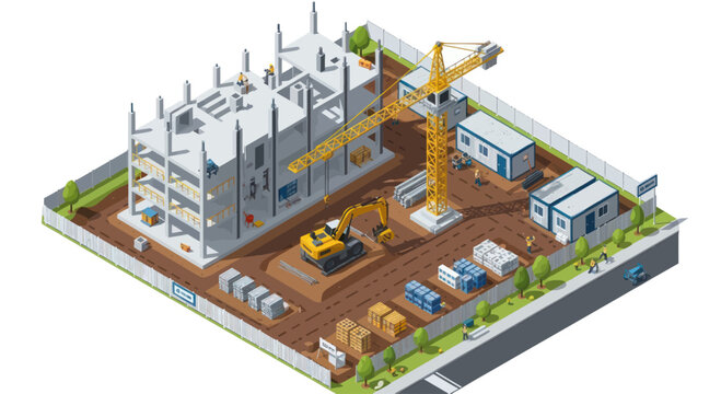 Isometric view of a construction site with building under development.