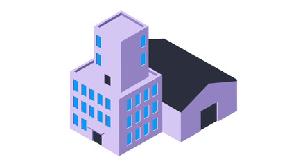 Isometric view of modern city buildings and industrial warehouse.