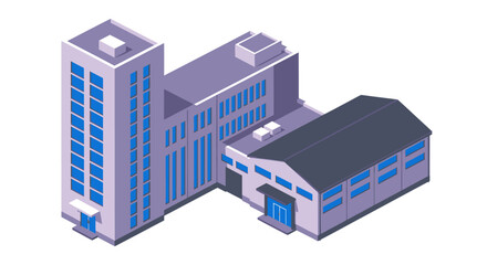 Fototapeta premium Isometric View of Modern Industrial Building Complex with Office Tower and Warehouse.