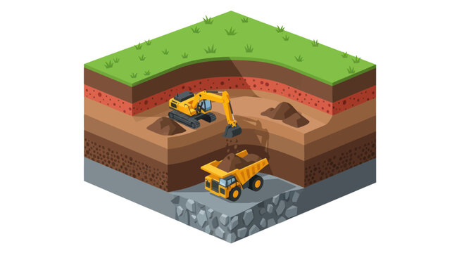 Isometric view of an open pit mine with excavator and dump truck.