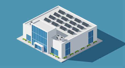 Modern Commercial Building with Solar Panels on Roof.