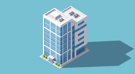 Modern Isometric Office Building with Glass Facade and Shadow.