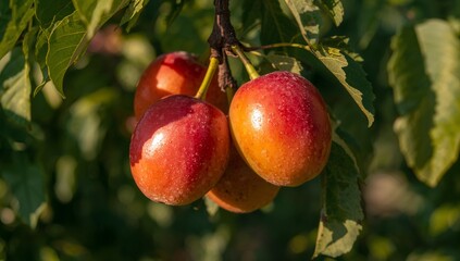 Plum Ripe Fruit Growing In Orchard
