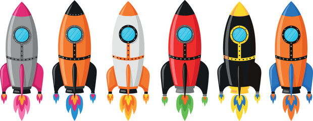 Colorful cartoon rocket ships collection with different designs launching with flames, space travel concept illustration set isolated on white background © SreeShontusChandra