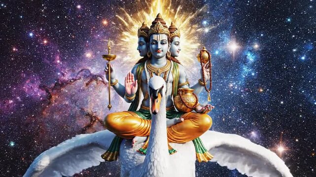 Brahma figure riding a sacred swan across a cosmic nebula, celestial journey in space