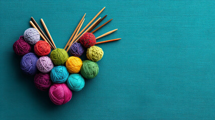 Colorful yarn balls form a heart shape
