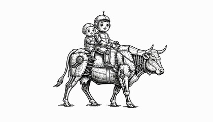 Two young astronauts riding a robotic cow in a whimsical, imaginative scene. © f collection