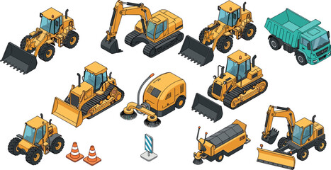 Isometric construction machinery collection including excavator, bulldozer, wheel loader, dump truck, road sweeper and utility vehicles isolated on white background industrial equipment illustration © SreeShontusChandra
