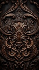 Intricate dark brown wooden carving featuring elaborate baroque floral scrollwork patterns suggesting antique craftsmanship