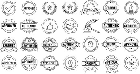 Obraz premium Hand-drawn Business Approval, Quality, and Guarantee Seals, Stamps, Badges, and Labels Vector Set. Sketch Style Authentic, Certified, Original Black Line Art Icons.