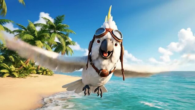 Cartoon parrot wearing sunglasses flying over beach and ocean  