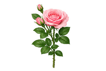 Naklejka premium Pink rose plant with blooming flower, green leaves, and buds on a stem, offering beauty, love, and growth, transparent background