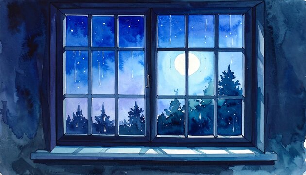 Blue night window scene with moonlight illuminating quiet sky beyond simple frame