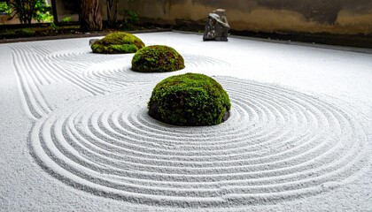 Obraz premium Zen Garden Serenity - Moss-Covered Stones in Raked Sand.