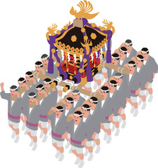 日本の伝統行事祭り。神輿を担ぐ男性たちのイラスト
