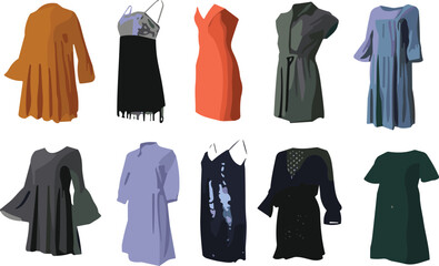 Women&rsquo;s dresses, fashion clothing, stylish outfit, apparel vector, wardrobe clipart, trendy motif, elegant design, creative illustration, dress icon, fashion art