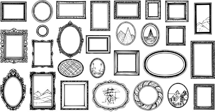 Collection of Black and White Line Art Ornate and Simple Picture Frames for Decoration