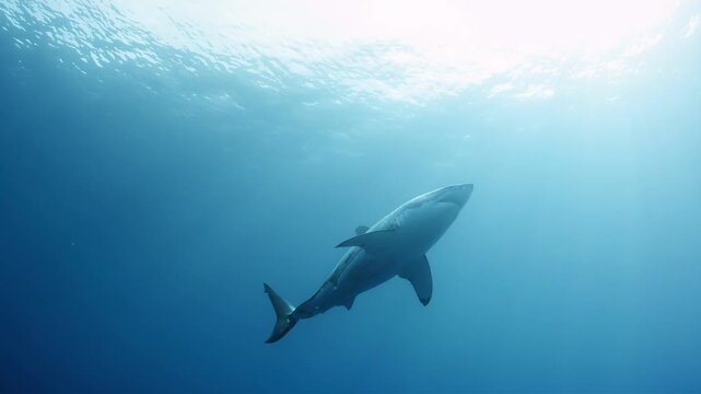 Majestic great white shark glides through clear blue ocean water with sun rays
