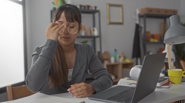 Woman student removes glasses and rubs temples at desk with laptop and books in building; fatigue perseverance.
