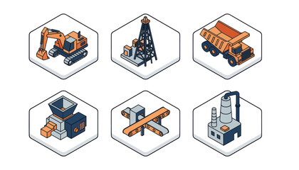 Isometric Industrial Icons Set - Excavator, Oil Rig, Dump Truck, Crusher, Conveyor, and Factory. © Duren