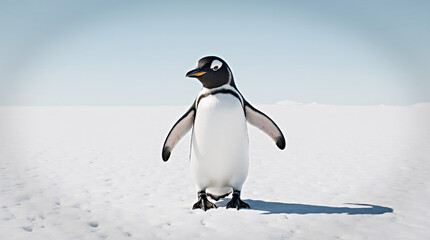 Funny pic of penguin standing proudly on vast snow covered white landscape
