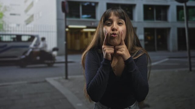 Young woman presses cheeks with fingers and puckers lips on a street in front of a modern building entrance while wearing a necklace and long hair; playful mischief.