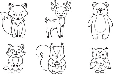 Obraz premium A charming set of hand-drawn woodland animal illustrations in a clean minimalist style, featuring a fox, deer, bear, raccoon, squirrel, and owl.