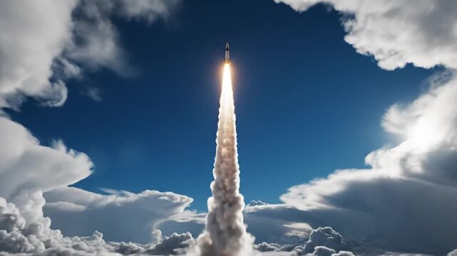 Dynamic ballistic rocket ,launch ascending through a dramatic cloudscape into the bright blue expanse, symbolizing innovation , progress ,great for news, advertising, editorial, education, Broll