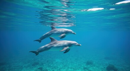 Obraz premium Two dolphins glide underwater, sunlight dappling the surface above