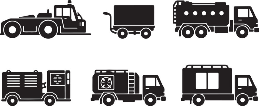 Black Solid Ground Support Aircraft Silhouettes Set of Six on White Background