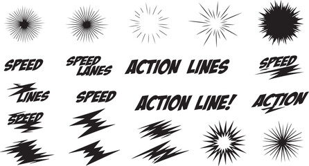 A high-energy set of comic book-inspired graphics featuring radial action bursts and stylized typography including "SPEED," "SPEED LINES," and "ACTION LINE!".  © crea8ive