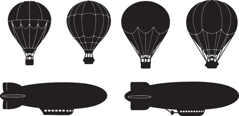 Black Solid Hot Air Balloons and Zeppelins Silhouettes Set of Six on White Background © Lubna