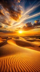 Naklejka premium A photo of a vast desert under the golden sunset, with rolling sand dunes stretching into the distance and a vibrant orange sky casting long shadows a